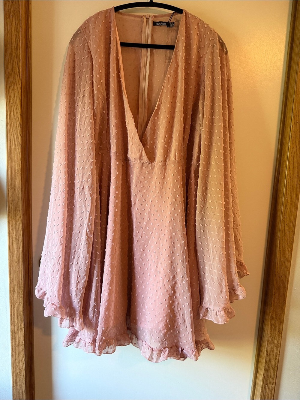 NWT Boohoo Pink Swiss Dot V-Neck Long Sleeve Mini Dress